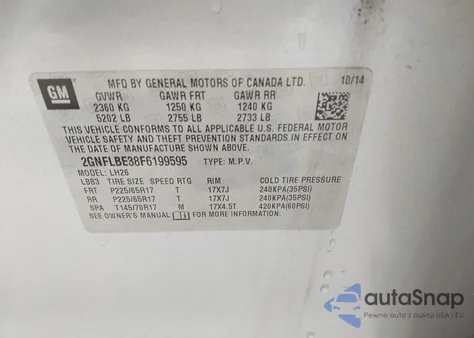 2015 Chevrolet Equinox 1Lt from USA, damaged, VIN 2GNFLBE38F6199595
